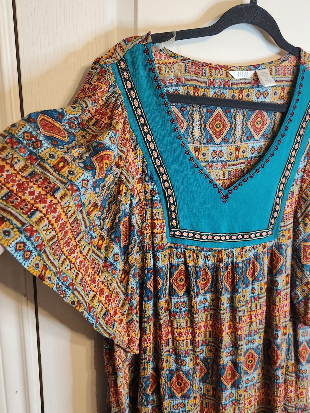 Kaktus Teal Yoke Multicolor Geometric Peasant Tunic - Picture 2 of 9